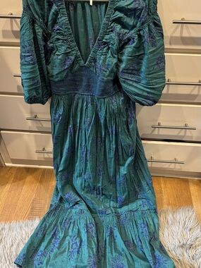 Free People Green Maxi Dress with Blue Floral Print and Puff Sleeves